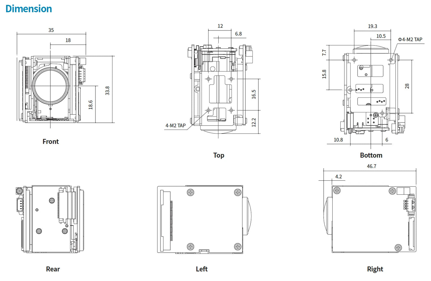 Technical drawings of a device from multiple angles with dimensions.