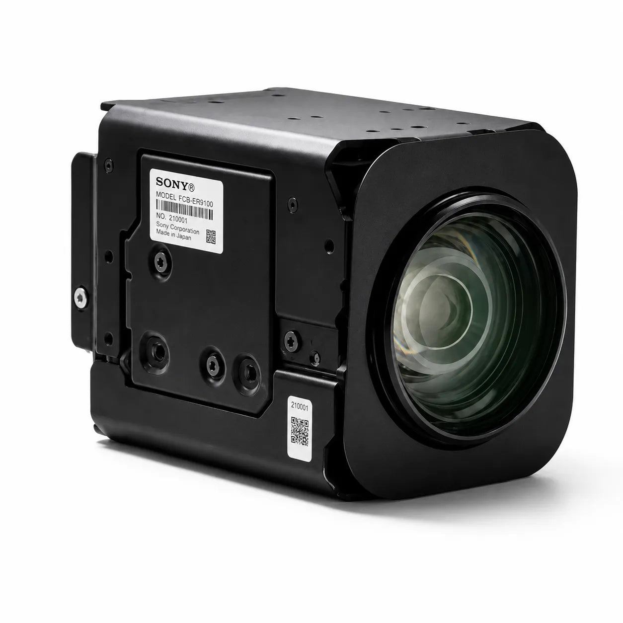 Sony FCB-ER9100 camera, black housing, and visible product labels with barcode on a clean white background.
