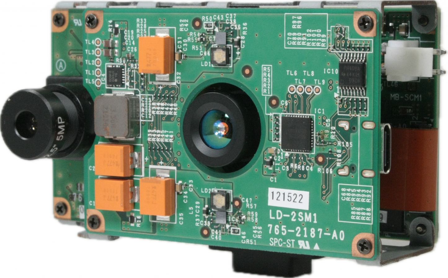 SCM-RGBD1 camera module with green circuit board and various components on a white background