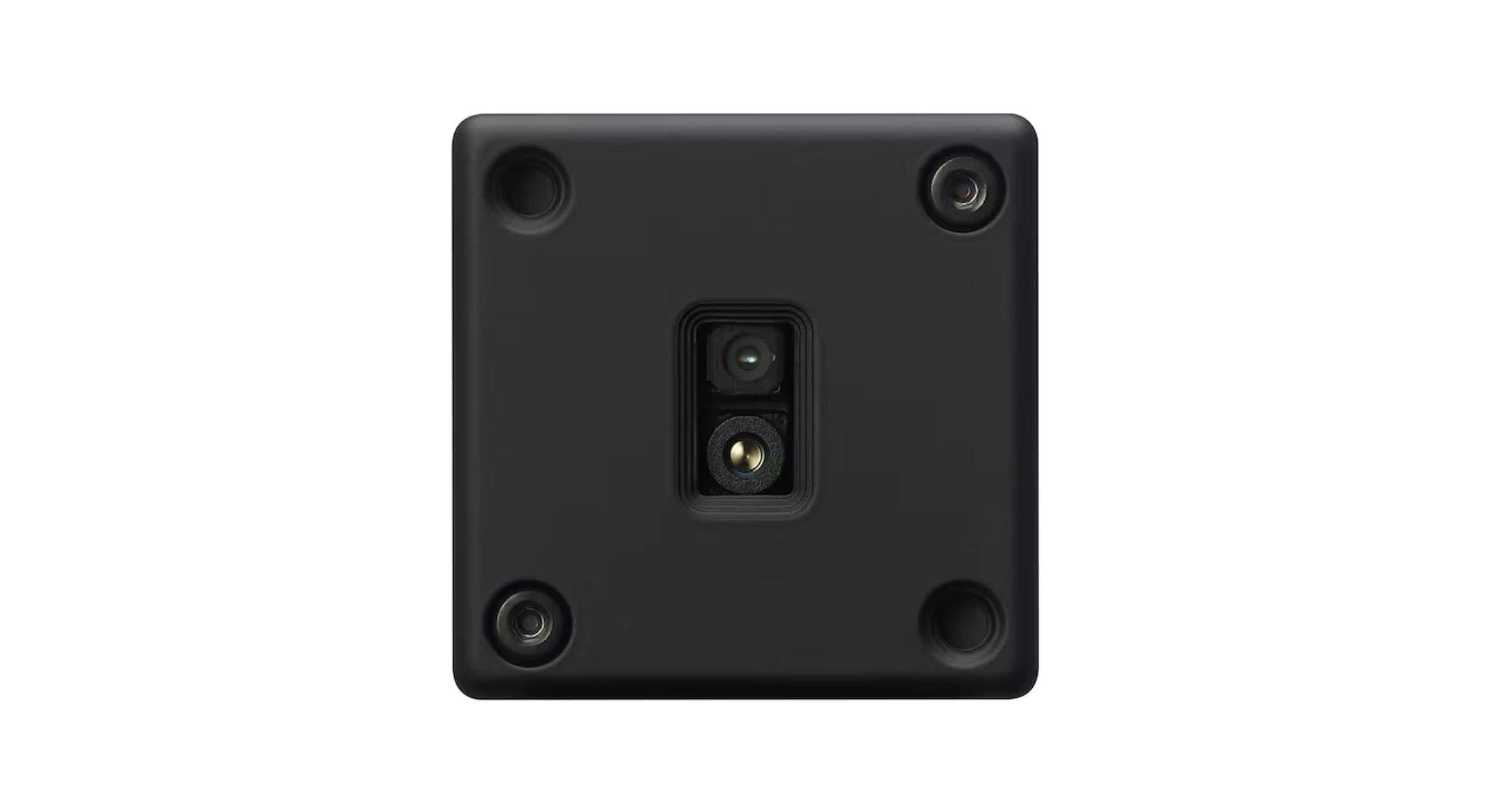 Black as-dt1 with circular camera lens ports and corner screws on a white background