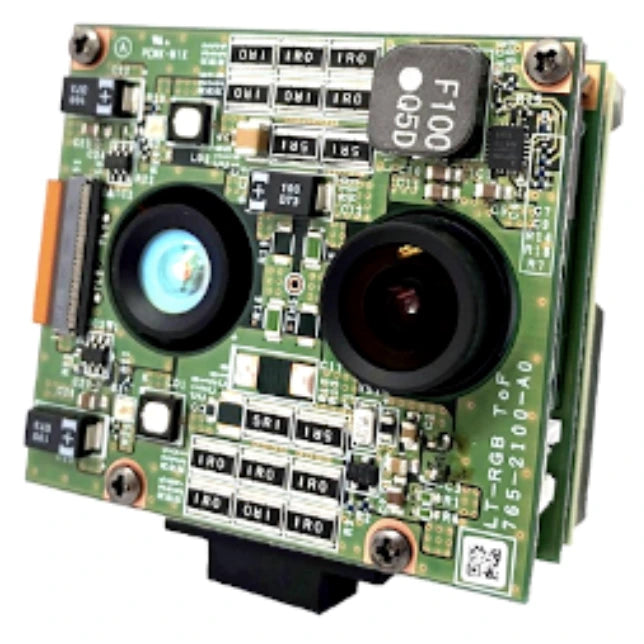 DCC-RGBD1 camera module with two lenses on a green circuit board