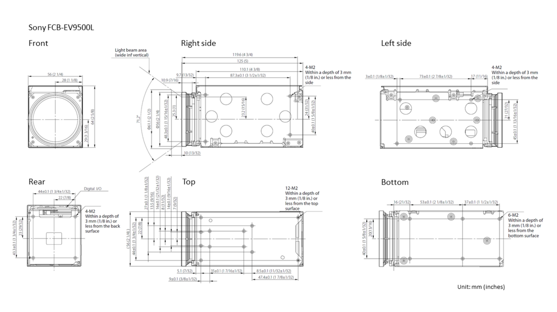 FCB-EV9500L Technical Dimensions for all sides of camera