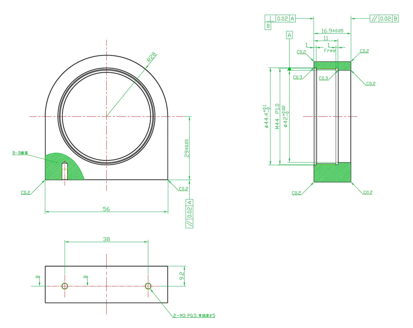Technical drawing of a mechanical component with dimensions and annotations