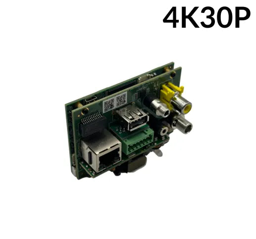 Encoder with various connectors and a QR code on a white background, labeled '4K30P'.