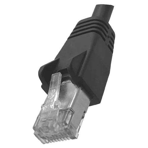 Black Ethernet cable connector on a white background