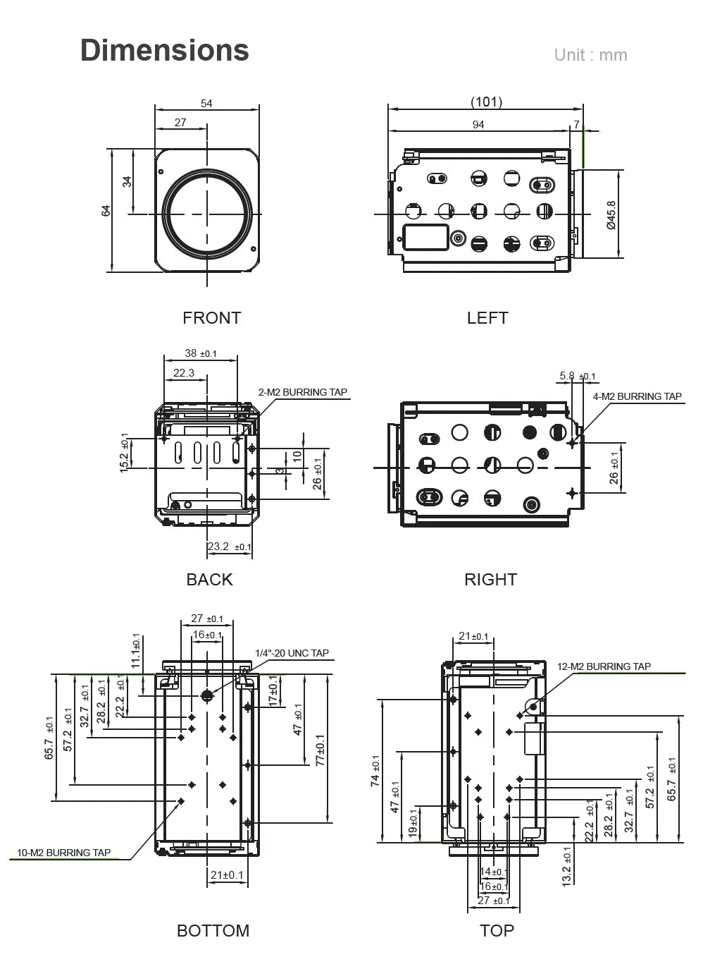 Technical drawing with dimensions of a device from different angles