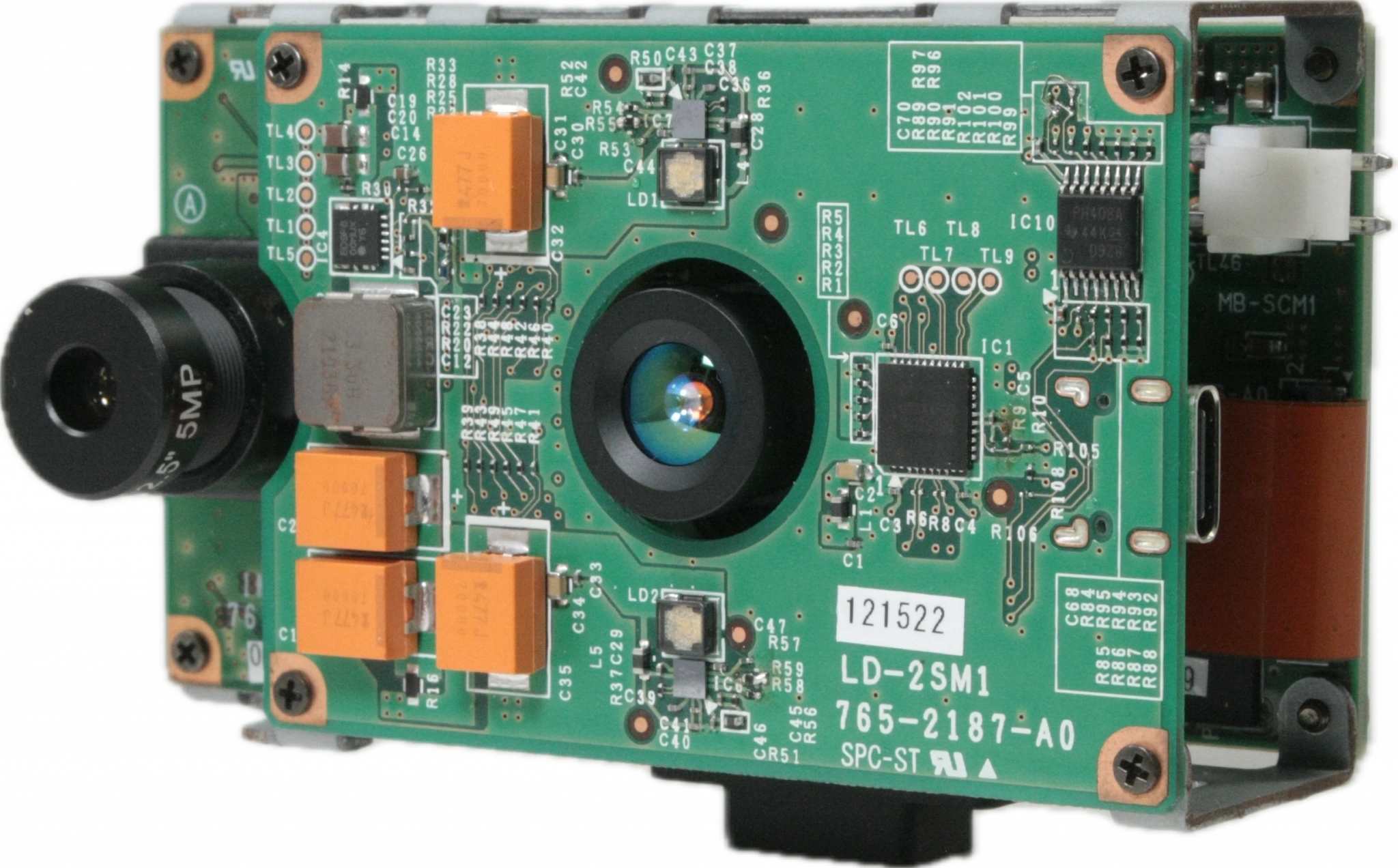 SCM-RGBD1 camera module with green circuit board and various components on a white background