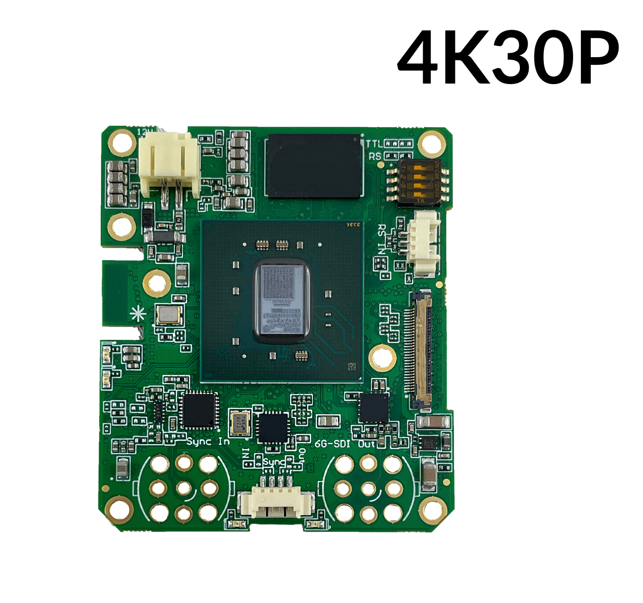 Green interface circuit board with '4K30P' text on a white background