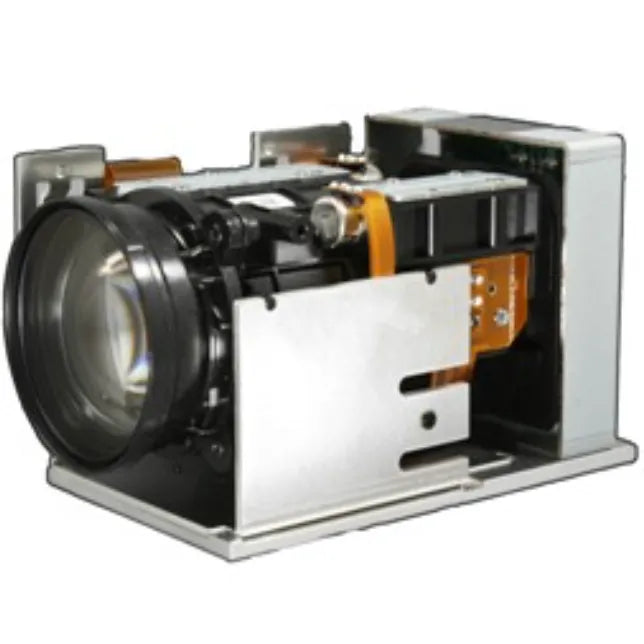 Close-up of a mechanical device with a lens on a white background