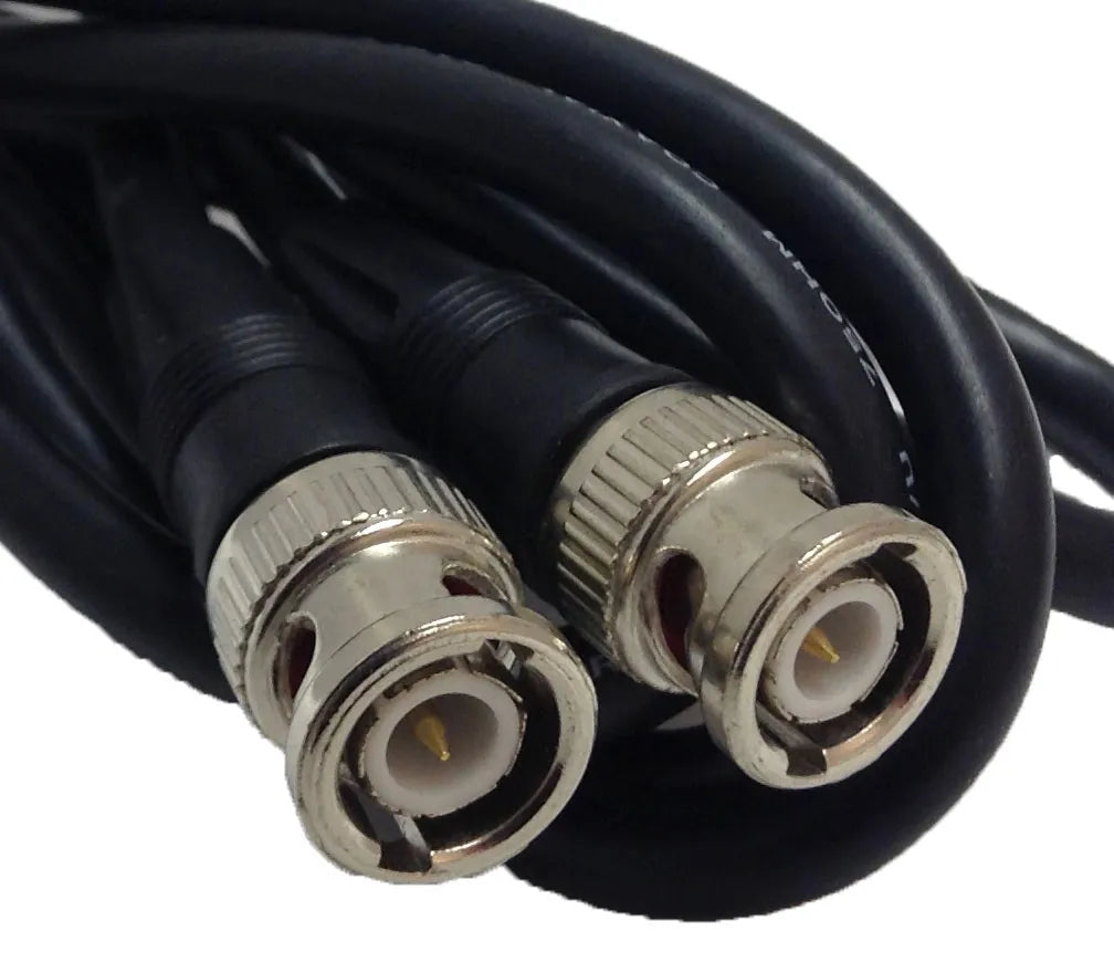 Two BNC cables with connectors on a white background